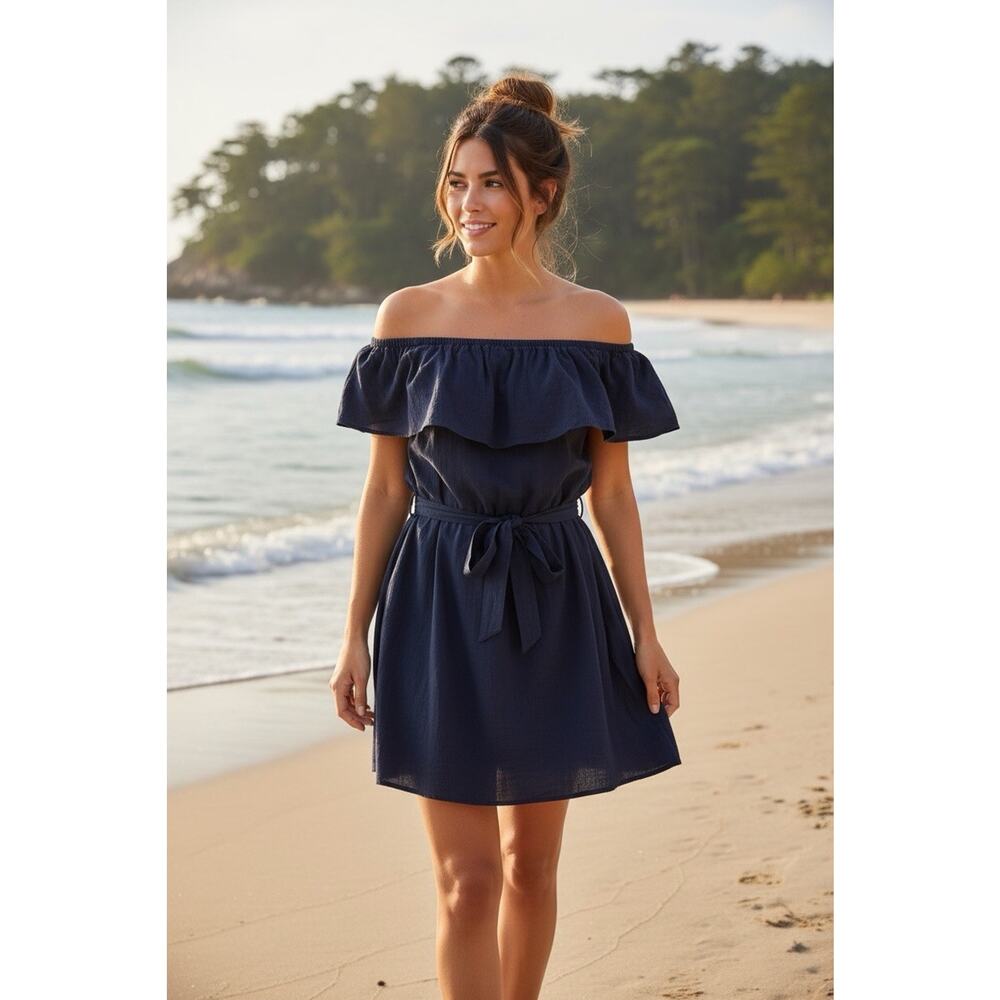 Umgee Off Shoulder Dress Overlay Boho Boutique Flowy Mini Midi Navy Sz M